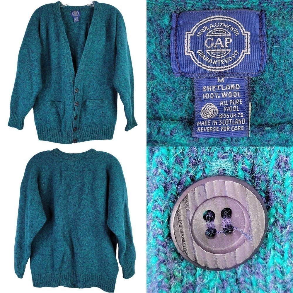 Vintage GAP Sweater Green Shetland Wool Knit Button Front Cardigan Size M Flaw
